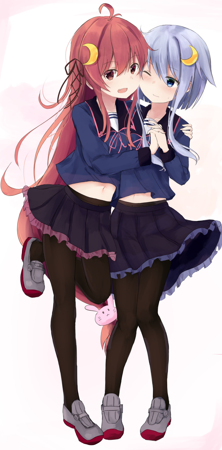 2girls ;d absurdres ahoge blue_eyes blush bunny_hair_ornament cheek-to-cheek crescent crescent_hair_ornament fang frilled_skirt frills hair_ornament hair_ribbon hand_holding hand_on_another's_shoulder highres kantai_collection long_hair looking_at_viewer low-tied_long_hair midriff multiple_girls navel one_eye_closed one_leg_raised open_mouth pantyhose purple_hair red_eyes redhead ribbon school_uniform serafuku short_hair simple_background skirt smile standing uzuki_(kantai_collection) yayoi_(kantai_collection) yuki_(yukin0128)