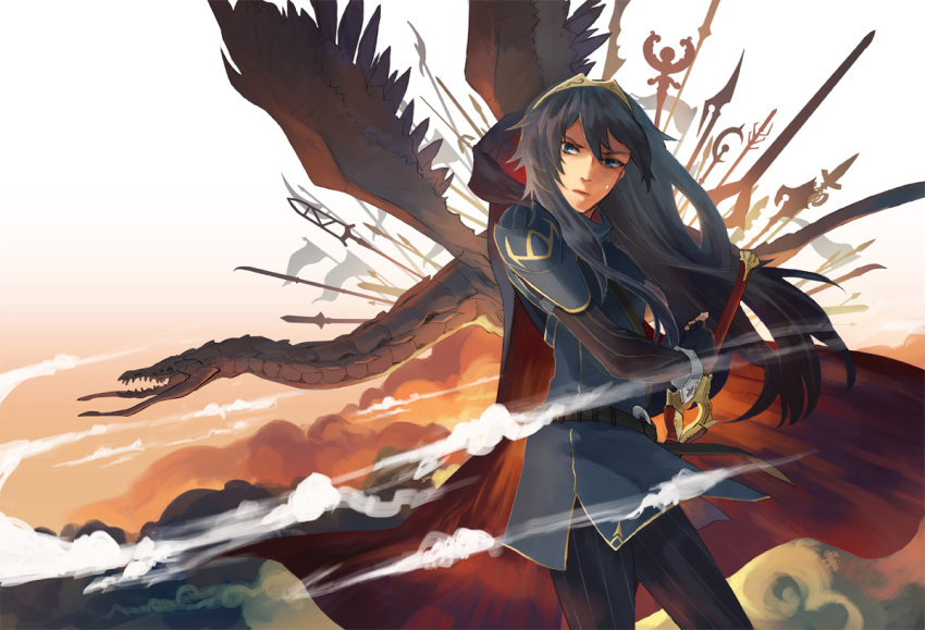 1girl artist_request blue_eyes blue_hair cape dragon falchion_(fire_emblem) fingerless_gloves fire_emblem fire_emblem:_kakusei gimurei gloves long_hair looking_away lucina sky solo sword tiara weapon