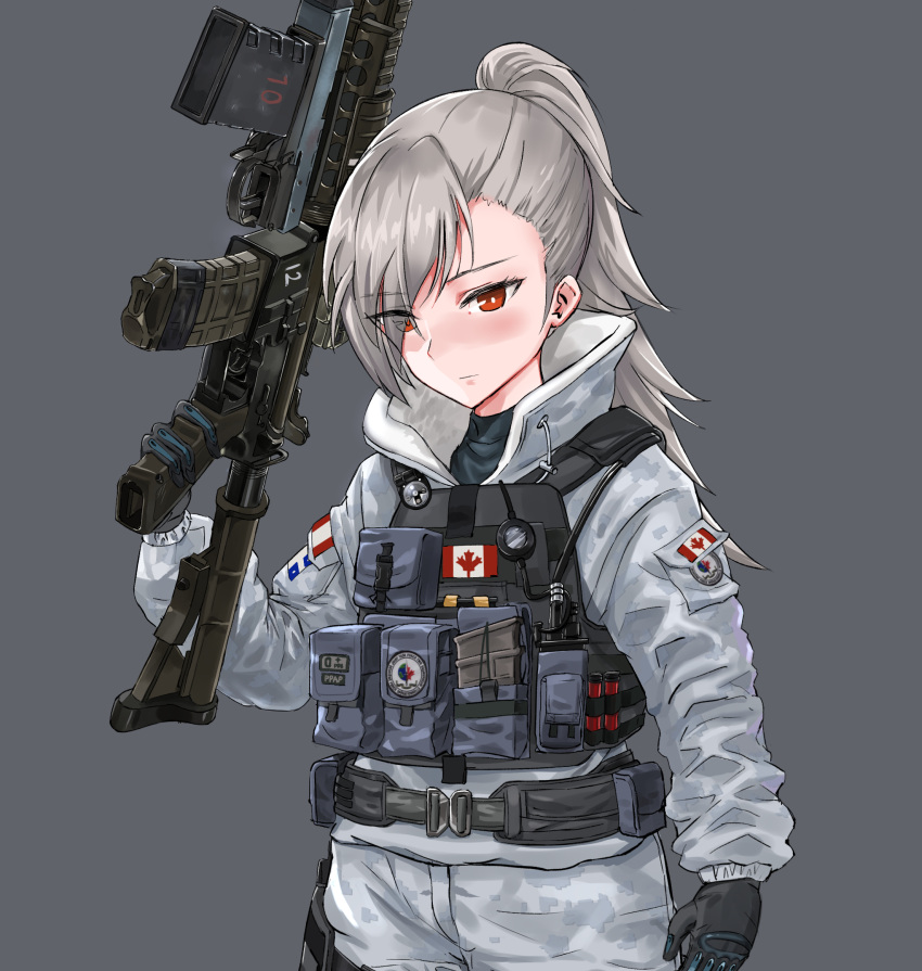 1girl belt buck_(rainbow_six_siege) camouflage canadian_flag closers cosplay crossover digital_camouflage eyebrows_visible_through_hair eyes_visible_through_hair frost_(rainbow_six_siege) gloves gun hair_over_one_eye highres jacket load_bearing_vest operator ponytail pouch rainbow_six_siege red_eyes silver_hair solo ssamjang_(misosan) tactical_clothes tina_(closers) trigger_discipline upper_body weapon weapon_request