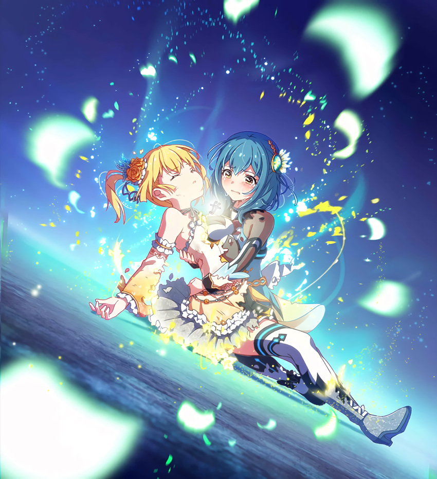 2girls battle_girl_high_school blonde_hair blue_hair carrying_under_arm closed_eyes crying flower hair_flower hair_ornament highres kougami_kanon kunieda_shiho lying multiple_girls petals short_hair spoilers thigh-highs torn_clothes transformation twintails yellow_eyes