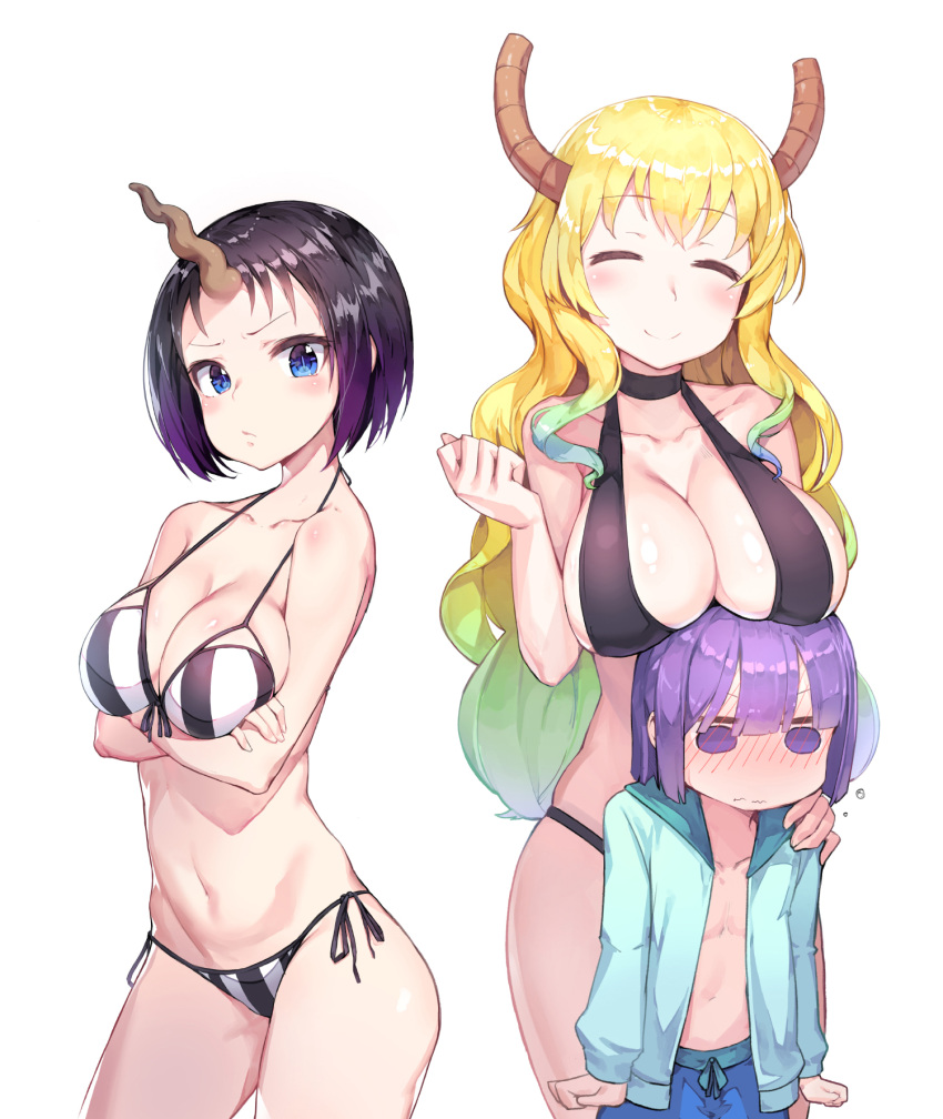 1boy 2girls bikini black_hair blonde_hair blue_eyes breast_rest breasts cleavage closed_eyes crossed_arms elma_(maidragon) highres horn horns kobayashi-san_chi_no_maidragon large_breasts long_hair magatsuchi_shouta multiple_girls newey quetzalcoatl_(maidragon) side-tie_bikini simple_background smile striped striped_bikini swimsuit violet_eyes white_background white_bikini