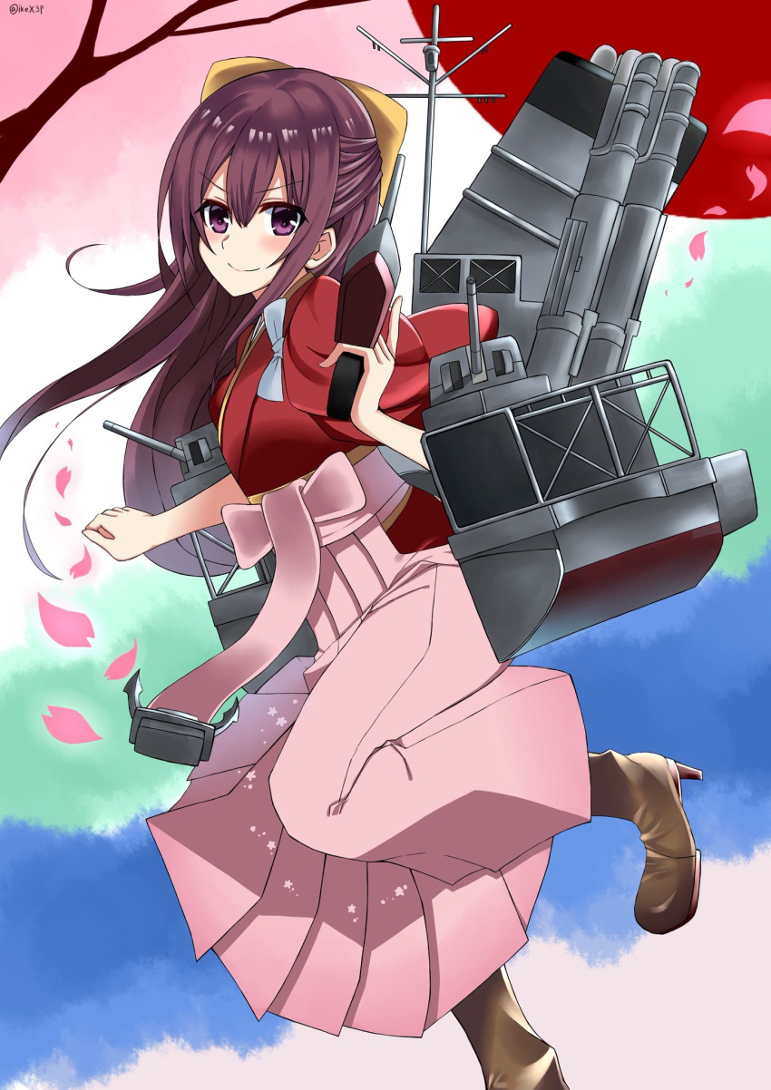 1girl boots bow brown_boots brown_eyes cherry_blossoms cross-laced_footwear gradient_hair gun hair_bow hakama high_heels highres ike_(ac0303atn) japanese_clothes kamikaze_(kantai_collection) kantai_collection kimono lace-up_boots long_hair looking_at_viewer machinery meiji_schoolgirl_uniform multicolored_hair petals pink_hakama purple_hair smile smokestack solo weapon yellow_bow