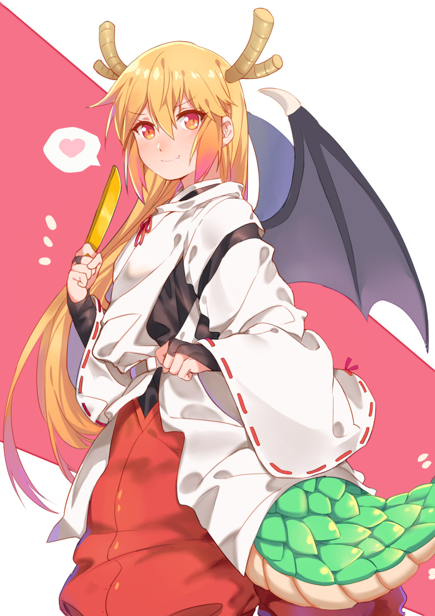 &gt;:) 1girl absurdres adapted_costume alternate_costume black_gloves blonde_hair blush breasts commentary_request dragon_girl dragon_horns dragon_tail dragon_wings eyebrows_visible_through_hair fang fang_out fingerless_gloves gloves hair_between_eyes heart highres horns japanese_clothes kobayashi-san_chi_no_maidragon large_breasts long_hair looking_at_viewer ribbon-trimmed_sleeves ribbon_trim slit_pupils solo speech_bubble spoken_heart tail tooru_(maidragon) wide_sleeves wings yorukun