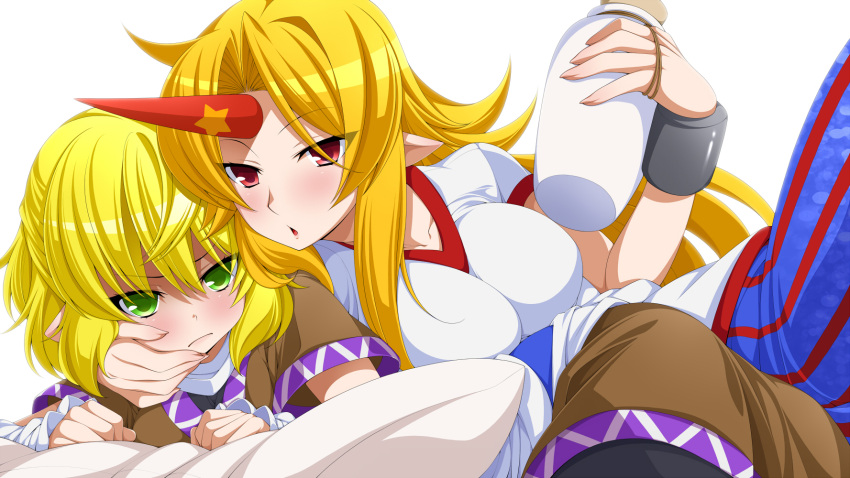 2girls alcohol arm_warmers blonde_hair blue_skirt blush bottle breasts brown_shirt cuffs eichi_yuu frown green_eyes hand_on_another's_cheek hand_on_another's_face highres horn hoshiguma_yuugi large_breasts long_skirt lying mizuhashi_parsee multiple_girls on_side oni oni_horns open_mouth pillow pointy_ears red_eyes red_stripes shackles shirt short_sleeves skirt star striped striped_skirt touhou white_shirt yuri