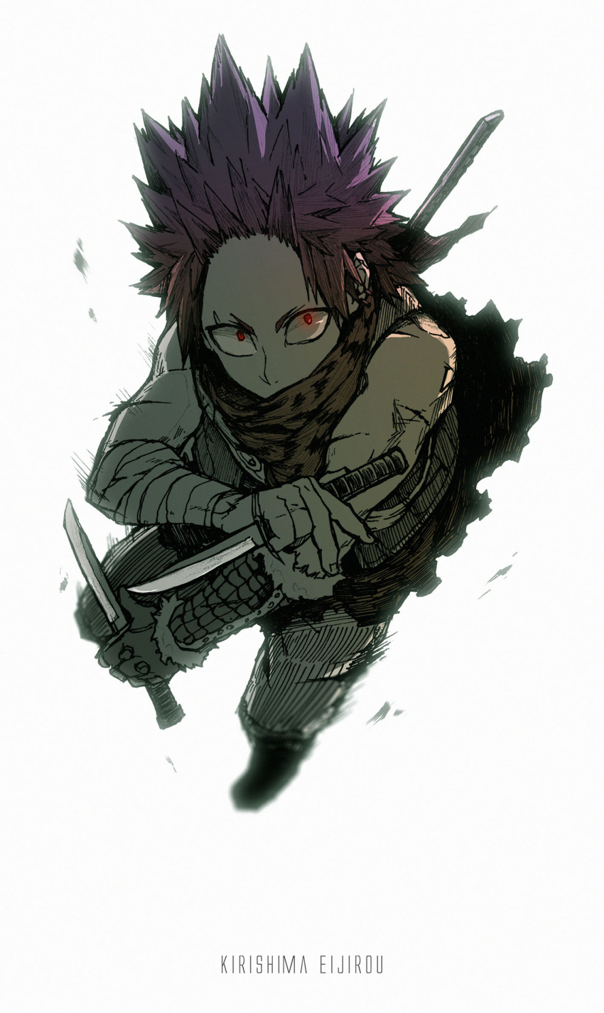 1boy alternate_costume animal_print boku_no_hero_academia character_name dual_wielding earrings full_body grey_background highres jewelry kirishima_eijirou knife looking_at_viewer male_focus red_eyes redhead scar simple_background sleeveless solo spiky_hair weapon_on_back xiao_(creation0528)