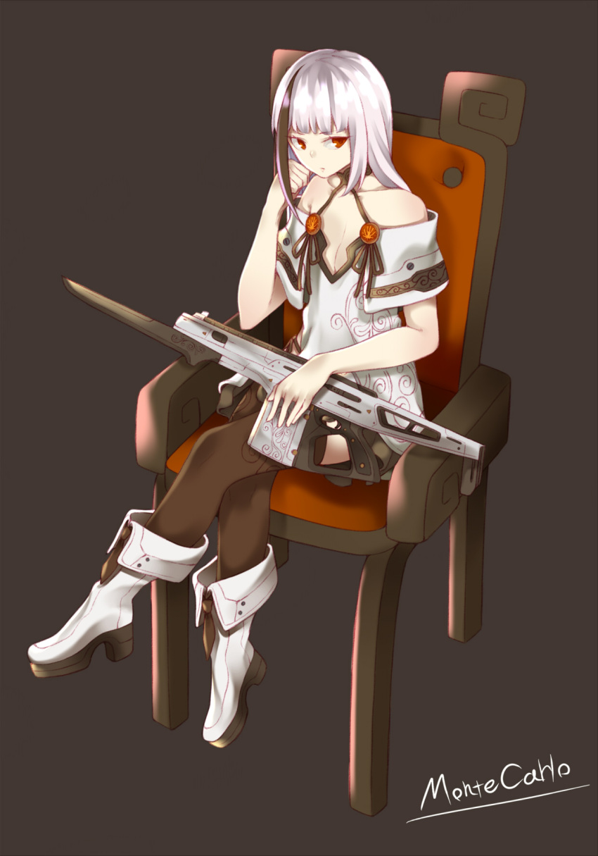1girl assault_rifle bangs bare_shoulders bayonet black_hair black_legwear blunt_bangs boots breasts brown_background chair cleavage closed_mouth collarbone destiny_(game) dress e_draw_paint full_body gun hand_up head_rest highres holding holding_gun holding_weapon knee_boots legs_crossed long_hair looking_at_viewer looking_to_the_side monte_carlo_(destiny) multicolored_hair off-shoulder_dress off_shoulder orange_eyes personification print_dress print_legwear rifle signature simple_background sitting small_breasts solo streaked_hair thigh-highs weapon white_boots white_dress white_hair