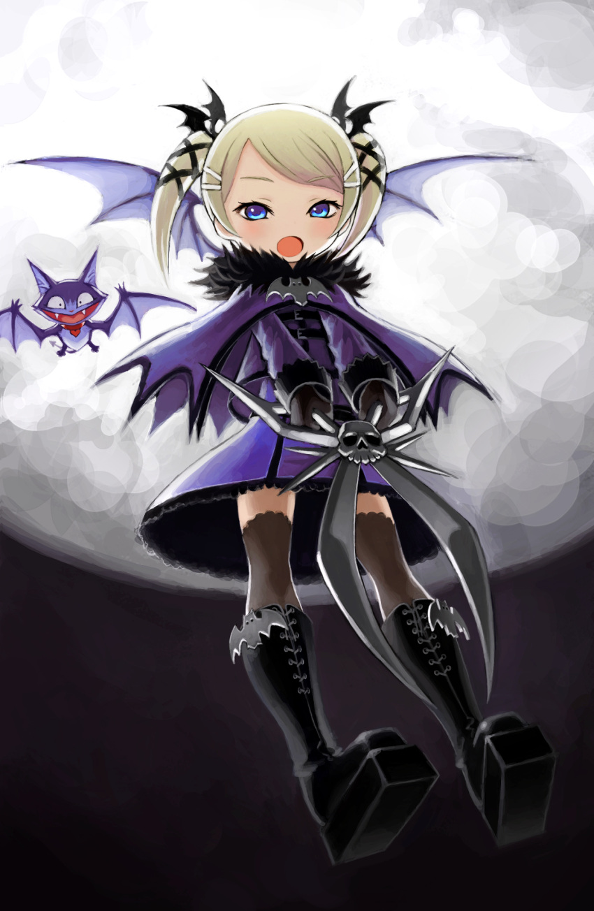 1girl bangs bat bat_wings black_boots black_gloves black_wings blonde_hair blue_eyes boots capelet casper_(deathsmiles) cross-laced_footwear deathsmiles dress emblem familiar flying full_body gloves gothic_lolita hair_ornament highres hiro1984 holding holding_weapon knee_boots lace lace-trimmed_dress lace-up_boots lolita_fashion long_sleeves looking_at_viewer moon open_mouth oversized_object purple_capelet purple_dress scissors short_dress short_hair skull solo swept_bangs thigh-highs twintails weapon wings x_hair_ornament
