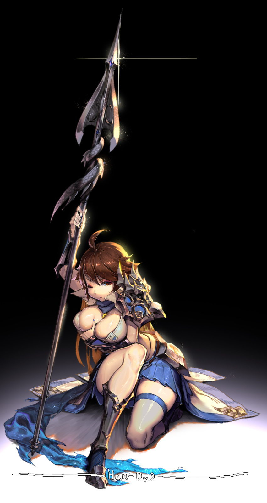 1girl absurdres ahoge armor armored_boots artist_name bangs blue_nails blue_scarf blue_skirt boots breast_grab breasts brown_eyes brown_hair deep_skin eyebrows_visible_through_hair eyeshadow faulds female fingernails full_body gauntlets genderswap genderswap_(mtf) glint grabbing gradient gradient_background han-0v0 hand_on_breast highres holding holding_spear jewelry knee_boots knee_up large_breasts lipstick looking_at_viewer makeup mascara nail_polish necklace on_floor one_eye_closed parted_lips pauldrons pink_lips pink_lipstick pleated_skirt polearm scarf shin_sangoku_musou shiny shiny_skin short_hair showgirl_skirt sitting skirt solo spear spikes teeth thigh-highs weapon white_bikini_top white_legwear zhao_yun