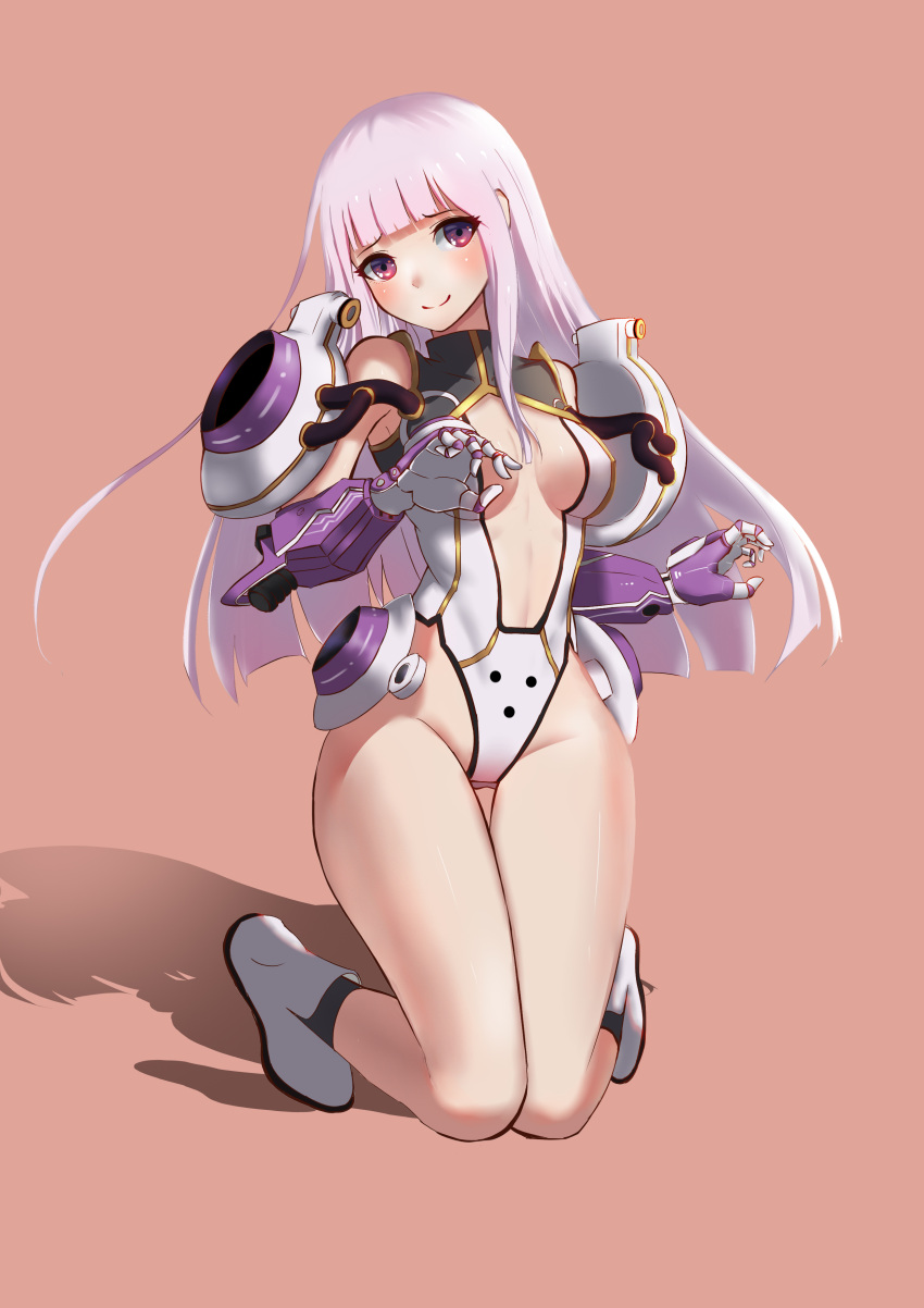 1girl absurdres ankle_boots armor bangs bare_shoulders black_legwear blunt_bangs boots breasts brown_background center_opening closed_mouth erect_nipples eyebrows_visible_through_hair full_body gauntlets gluteal_fold groin hands_up haohe_buguo highleg highleg_leotard highres kneeling leotard long_hair looking_at_viewer medium_breasts original pauldrons purple_hair ribbed_leotard shadow shoes simple_background smile socks solo thigh-highs turtleneck violet_eyes white_leotard white_shoes