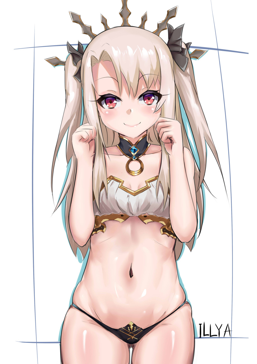1girl absurdres artist_request bare_shoulders bikini blonde_hair breasts character_name choker clenched_hands collarbone cosplay cowboy_shot crown fate/grand_order fate/kaleid_liner_prisma_illya fate/stay_night fate_(series) gluteal_fold hair_ribbon hands_up highres illyasviel_von_einzbern ishtar_(fate/grand_order) ishtar_(fate/grand_order)_(cosplay) long_hair looking_at_viewer navel red_eyes revealing_clothes ribbon skindentation small_breasts smile solo stomach tohsaka_rin tohsaka_rin_(cosplay) twintails