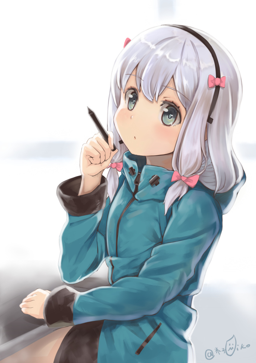 1girl absurdres artist_name bangs blush bow eromanga_sensei eyebrows_visible_through_hair from_side grey_eyes hair_bow hand_up highres izumi_sagiri jacket looking_at_viewer parted_lips pink_bow shiny shiny_hair signature silver_hair solo stylus table upper_body yonago_miko