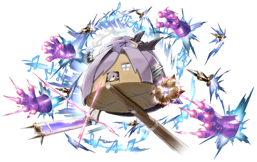 1girl bit_(gundam) chibi commentary_request granblue_fantasy hair_ornament hair_over_one_eye hair_stick harbin harp highres house instrument mecha musical_note nio_(granblue_fantasy) open_mouth pointy_ears purple_hair red_eyes simple_background sketch smile smokestack solo white_background zanzi