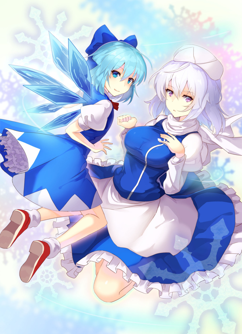 2girls ahoge apron blue_bow blue_dress blue_eyes blue_hair blue_skirt blue_vest bobby_socks bow bowtie breasts cirno dress frilled_skirt frills hair_between_eyes hair_bow hat highres ice ice_wings juliet_sleeves large_breasts lavender_hair letty_whiterock long_sleeves looking_at_viewer multiple_girls puffy_short_sleeves puffy_sleeves red_bow red_bowtie red_shoes rin_falcon scarf shoes short_hair short_sleeves skirt smile snowflake_background socks touhou vest waist_apron white_apron white_hair white_hat white_legwear white_scarf wings