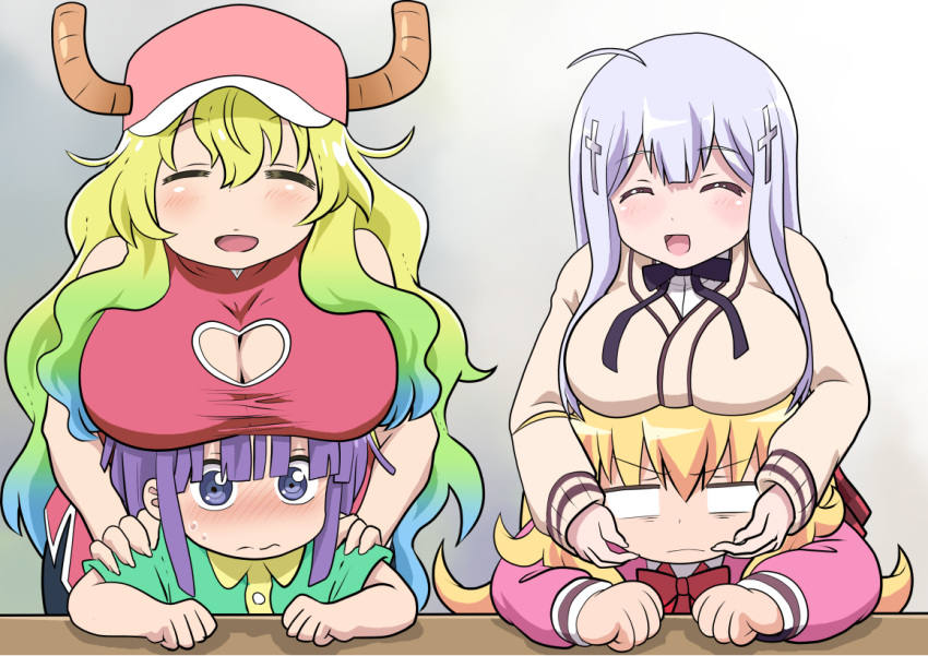 &gt;:( 1boy 3: 3girls :d ^_^ aqua_hair baseball_cap blank_eyes blonde_hair blush breast_rest breasts breasts_on_head cleavage cleavage_cutout closed_eyes commentary_request cross_hair_ornament crossover dragon_girl dragon_horns gabriel_dropout gradient_hair green_hair hair_ornament hat horns knives_(knives777) kobayashi-san_chi_no_maidragon large_breasts long_hair magatsuchi_shouta multicolored_hair multiple_girls open_mouth purple_hair quetzalcoatl_(maidragon) revision school_uniform season_connection shiraha_raphiel_ainsworth silver_hair smile tenma_gabriel_white trait_connection