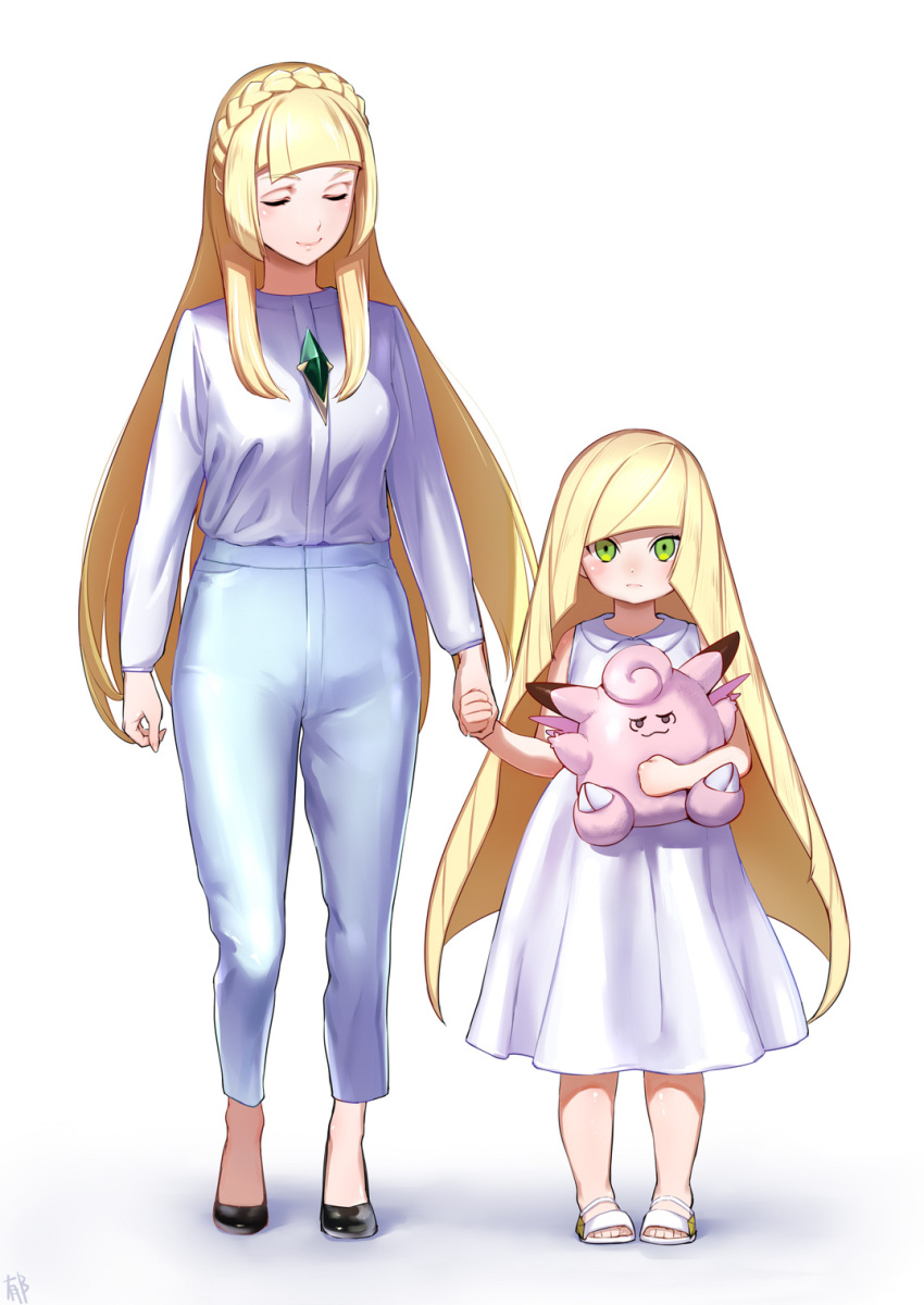 2girls age_switch bangs blonde_hair blunt_bangs braid character_doll clefable clefairy closed_eyes dress french_braid gem green_eyes hair_over_shoulder hand_holding highres lillie_(pokemon) long_hair looking_at_viewer lusamine_(pokemon) mother_and_daughter multiple_girls older pokemon pokemon_(game) pokemon_sm role_reversal sandals shiroinuchikusyo smile very_long_hair white_background white_dress younger