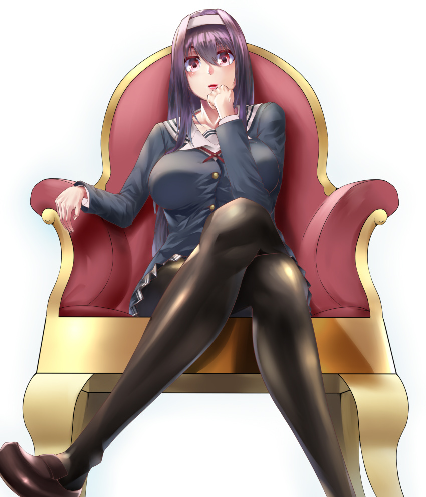 1girl absurdres armchair bangs black_legwear black_skirt blush breasts brown_shoes buttons chair collarbone from_below hair_between_eyes hairband hand_on_head hand_on_own_chin hand_up highres kasumigaoka_utaha large_breasts legs_crossed loafers long_hair long_sleeves looking_at_viewer looking_down nakiri_kei neck_ribbon open_mouth pantyhose pleated_skirt purple_hair ribbon saenai_heroine_no_sodatekata school_uniform serafuku shadow shiny shiny_clothes shiny_hair shoes simple_background sitting sitting_on_object skirt solo thigh-highs violet_eyes white_background white_hairband