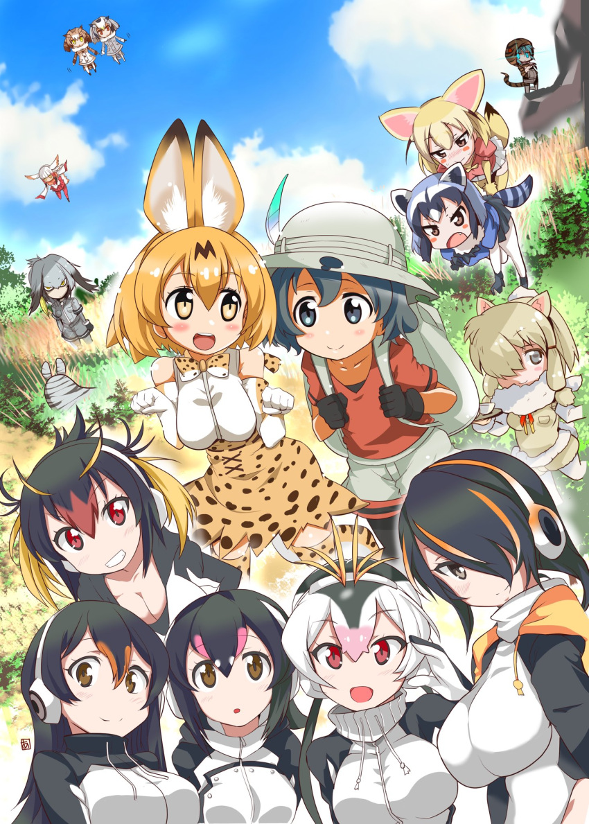 6+girls alpaca_ears alpaca_suri animal_ears animal_print aqua_eyes aqua_hair backpack bag black_eyes black_hair black_legwear blonde_hair blue_sky blush blush_stickers bow bowtie breasts brown_eyes brown_hair bucket_hat cleavage clouds coat crested_ibis_(kemono_friends) cross-laced_clothes cup day elbow_gloves emperor_penguin_(kemono_friends) eurasian_eagle_owl_(kemono_friends) eyebrows_visible_through_hair fang fennec_(kemono_friends) fox_ears fox_tail fur_collar fur_trim gentoo_penguin_(kemono_friends) gloves gradient_hair grass grey_eyes grey_hair hair_between_eyes hair_over_one_eye hands_in_pockets hat hat_feather head_wings headphones high-waist_skirt highres hood hooded_jacket hoodie humboldt_penguin_(kemono_friends) jacket kaban kemono_friends long_sleeves low_twintails mountain multicolored_hair multiple_girls nature northern_white-faced_owl_(kemono_friends) open_mouth pantyhose pantyhose_under_shorts pink_hair pleated_skirt puffy_short_sleeves puffy_sleeves raccoon_(kemono_friends) raccoon_ears raccoon_tail red_eyes red_legwear red_shirt redhead ribbon rockhopper_penguin_(kemono_friends) royal_penguin_(kemono_friends) serval_(kemono_friends) serval_ears serval_print serval_tail shirt shoebill_(kemono_friends) short_sleeves shorts skirt sky sleeveless snake_tail sweat sweater_vest tail teacup teeth thigh-highs tongue tray tsuchinoko_(kemono_friends) twintails white_hair yellow_eyes zettai_ryouiki