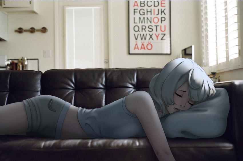 1girl bare_arms bare_shoulders belly_peek blinds breasts closed_eyes couch door eyelashes grey_hair highres indoors lips lying mawa_setiawan nose on_couch on_stomach open_mouth original photo_background picture_(object) pillow pink_lips shirt short_hair short_shorts shorts sleeping sleeveless sleeveless_shirt solo teeth television white_shirt window