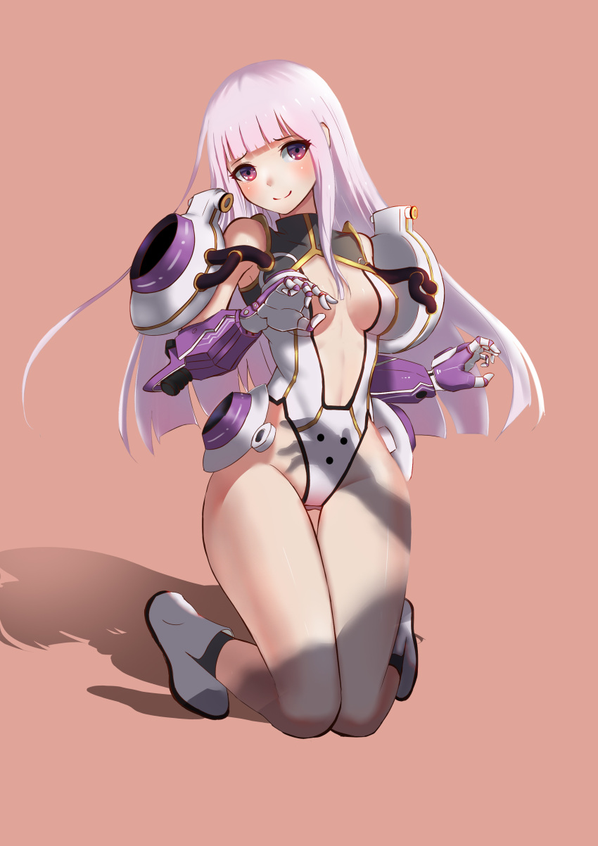 1girl absurdres ankle_boots armor bangs bare_shoulders black_legwear blunt_bangs boots breasts brown_background center_opening closed_mouth erect_nipples eyebrows_visible_through_hair full_body gauntlets gluteal_fold groin hands_up haohe_buguo highleg highleg_leotard highres kneeling leotard long_hair looking_at_viewer medium_breasts original out_of_frame pauldrons purple_hair ribbed_leotard shadow shoes simple_background smile socks solo_focus thigh-highs turtleneck violet_eyes white_leotard white_shoes