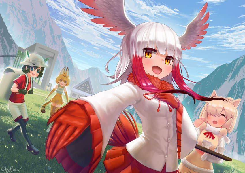 4girls absurdres alpaca_ears alpaca_suri animal_ears artist_name blue_sky chyffon closed_eyes crested_ibis crested_ibis_(kemono_friends) day grass hand_on_own_chest head_wings highres house kaban kemono_friends looking_at_viewer mountain multiple_girls outdoors reaching_out serval_(kemono_friends) serval_ears serval_tail sky smile tail