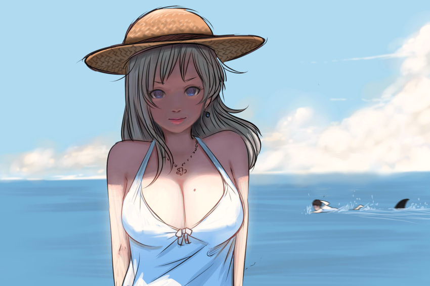 1boy 1girl animal arms_at_sides bare_arms bare_shoulders blue_sky breasts cleavage closed_mouth clouds cloudy_sky collarbone day dress earrings grey_hair hat highres jewelry large_breasts long_hair looking_at_viewer mawa_setiawan mole mole_on_breast necklace ocean original outdoors pink_lips shark sky sleeveless sleeveless_dress smile straw_hat sun_hat sundress swimming upper_body water white_dress