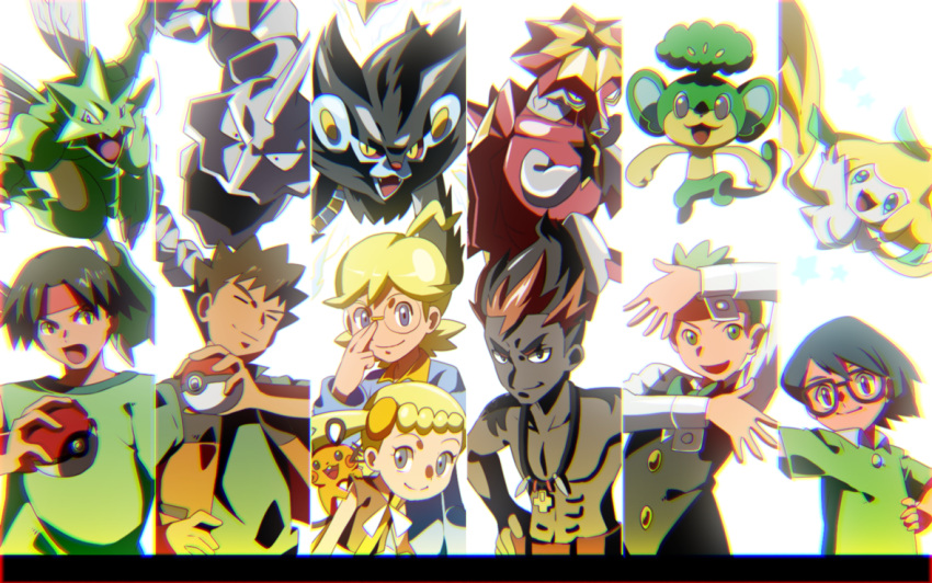 1girl 6+boys =_= adjusting_glasses ahoge blonde_hair blue_eyes bow bowtie brother_and_sister citron_(pokemon) closed_eyes dark_skin dedenne dent_(pokemon) eureka_(pokemon) eyelashes fangs glasses green_eyes green_hair hand_on_hip headband holding holding_poke_ball jewelry jirachi kaki_(pokemon) kenji_(pokemon) long_sleeves luxray masato_(pokemon) matsu-jun multicolored_hair multiple_boys necklace onix open_clothes open_mouth open_vest pansage poke_ball pokemon pokemon_(anime) pokemon_(creature) pose scyther shirt shirtless siblings side_ponytail split_screen t-shirt takeshi_(pokemon) turtonator very_dark_skin vest waistcoat white_background