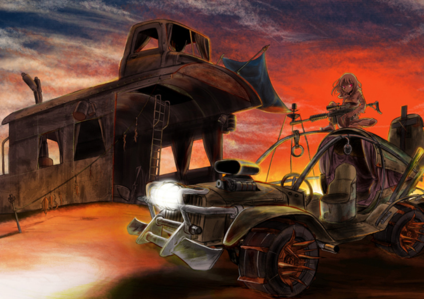 1girl abandoned caboose car clouds cloudy_sky cross curtains desert dune_buggy gilgil ground_vehicle gun headlights holding holding_gun holding_weapon jury-rigged ladder lizard long_hair motor_vehicle on_vehicle original post-apocalypse red_eyes rifle rope sky solo sunset tarp weapon