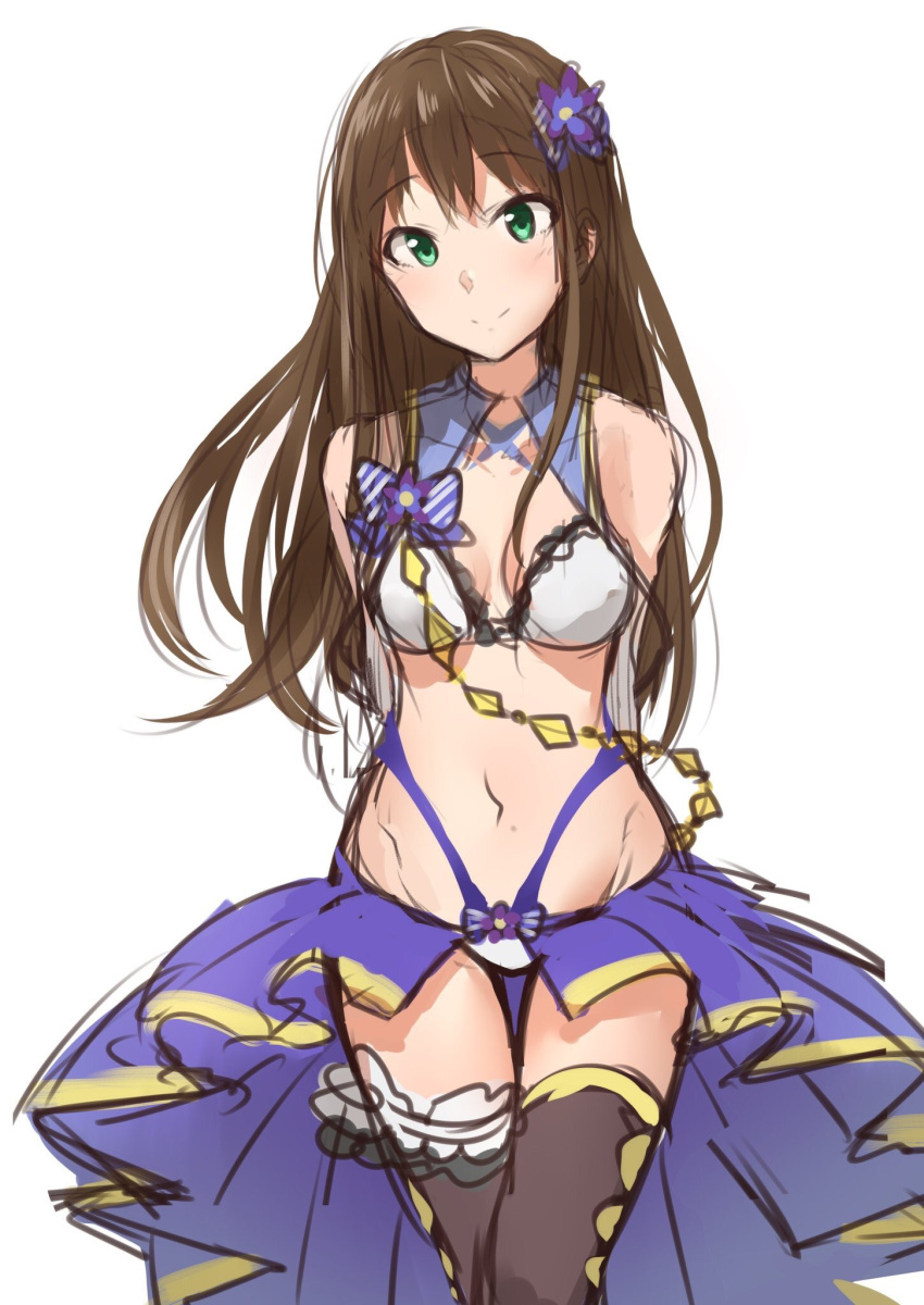 1girl arms_behind_back bare_shoulders blue_dress boots bow breasts brown_hair chains cleavage commentary_request dress eyebrows_visible_through_hair flower frilled_dress frills garters green_eyes hair_flower hair_ornament highres idolmaster idolmaster_cinderella_girls long_hair panties shibuya_rin sketch smile stage_of_magic takeya_y0615 thigh-highs thigh_boots underwear white_background white_panties
