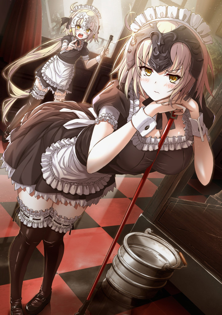 2girls ahoge alternate_costume apron blonde_hair blush breasts bucket checkered checkered_floor cleavage enmaided fate/grand_order fate_(series) headpiece highres jeanne_alter jeanne_alter_(santa_lily)_(fate) lace lace-trimmed_thighhighs legs_together long_hair maid maid_headdress mop multiple_girls ruler_(fate/apocrypha) saiki_rider tearing_up thigh-highs wavy_mouth wrist_cuffs