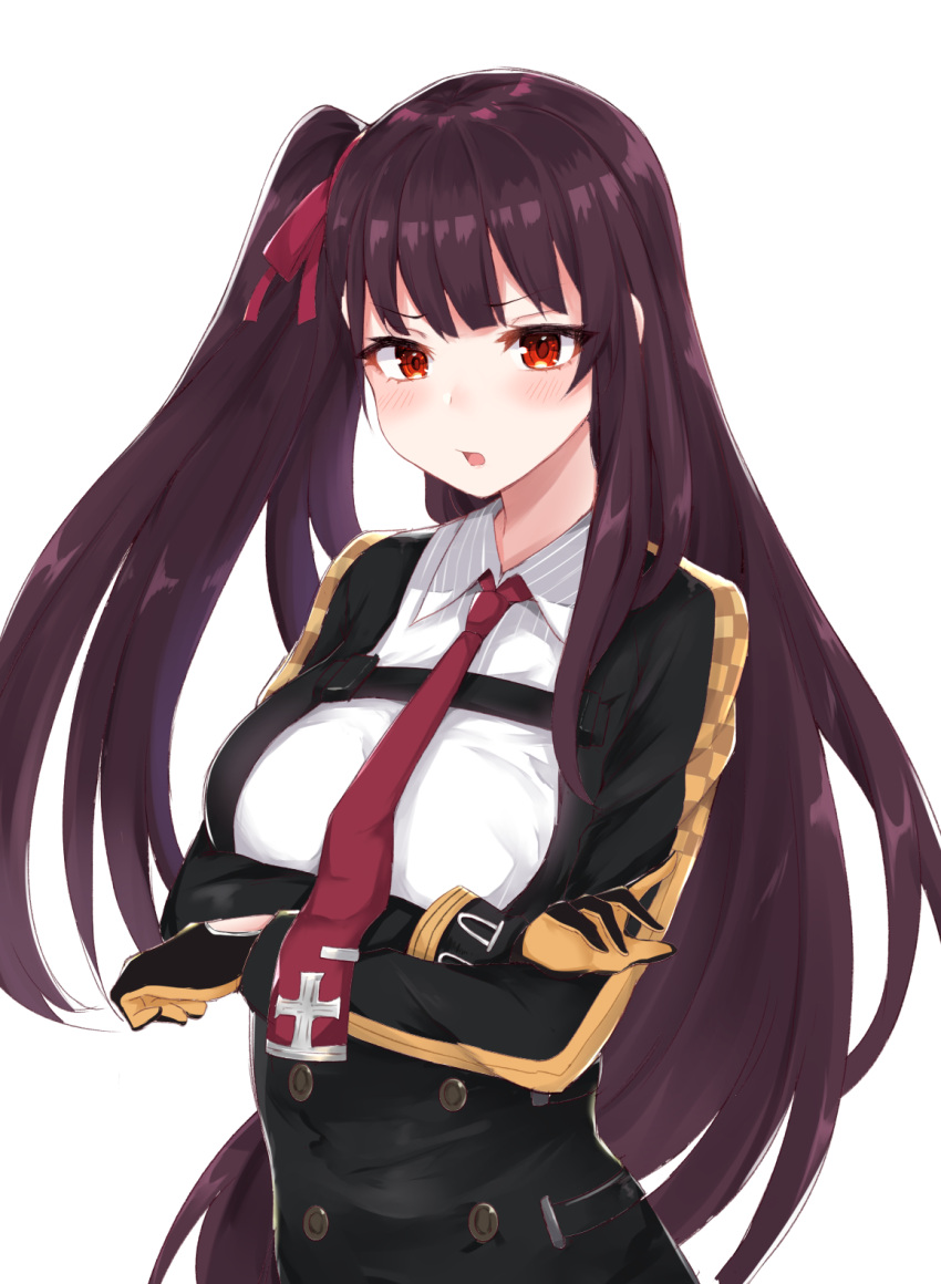 1girl :o bangs blush breast_hold buttons checkered checkered_clothing coffeedog collared_shirt commentary crossed_arms double-breasted dress_shirt embarrassed eyebrows_visible_through_hair eyelashes eyes_visible_through_hair furrowed_eyebrows girls_frontline gloves hair_ribbon highres jacket long_hair long_sleeves looking_at_viewer necktie open_mouth pinstripe_pattern purple_hair red_eyes red_ribbon ribbon shiny shiny_hair shirt side_ponytail simple_background solo standing strap striped underbust upper_body very_long_hair wa2000_(girls_frontline) white_background white_shirt wing_collar