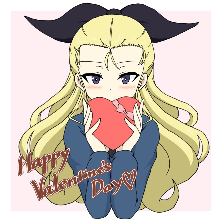 1girl assam_(girls_und_panzer) black_ribbon blonde_hair blue_eyes blue_sweater blush border commentary covering_mouth cropped_torso emblem english_text gift girls_und_panzer hair_pulled_back hair_ribbon happy_valentine heart highres holding holding_gift ichinose_jun long_hair long_sleeves looking_at_viewer outside_border pink_background ribbon school_uniform solo st._gloriana's_school_uniform sweater upper_body v-neck valentine white_border