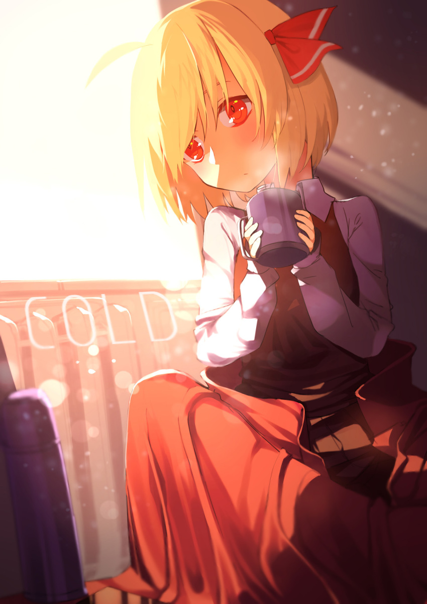 1girl black_skirt black_vest blonde_hair cowboy_shot cup hair_ribbon highres holding holding_cup light_particles long_sleeves red_eyes red_ribbon ribbon rumia sh_(562835932) short_hair skirt skirt_set solo sunlight touhou under_covers vest