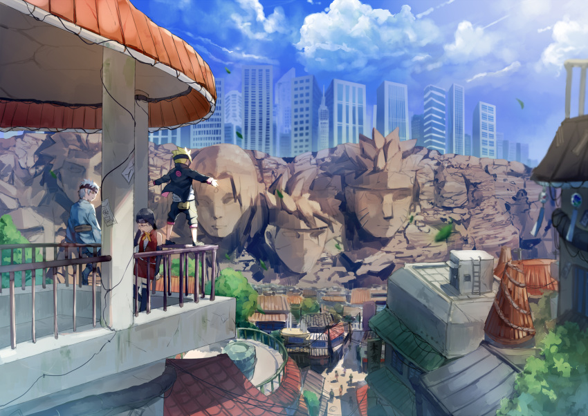 1girl 2boys black_hair blonde_hair blue_hair blue_sky building city detached_sleeves forehead_protector highres leaf mitsuki_(naruto) mountain mtrtrm multiple_boys naruto scenery sky uchiha_sarada uzumaki_boruto