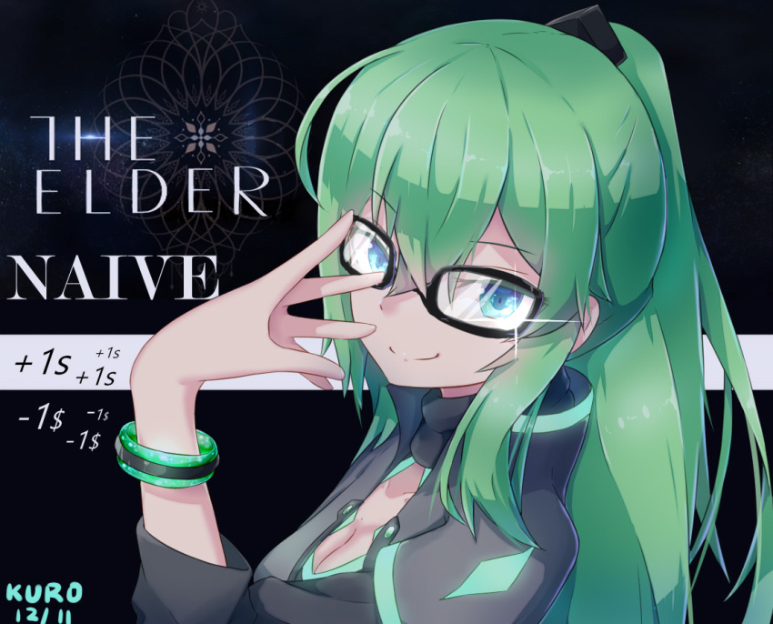 1girl adjusting_glasses aqua_eyes arm_up bangs black-framed_eyewear black_background black_jacket bracelet breasts cleavage closed_mouth collar collarbone dated destiny_(game) dollar_sign english eyebrows_visible_through_hair from_side glasses glint green_eyes green_hair hair_between_eyes hair_ornament hand_on_own_face high_collar jacket jewelry kuroda_kuwa long_hair long_sleeves looking_at_viewer looking_to_the_side neon_trim original ponytail shiny shiny_hair signature smile solo star starry_background upper_body warlock_(destiny)