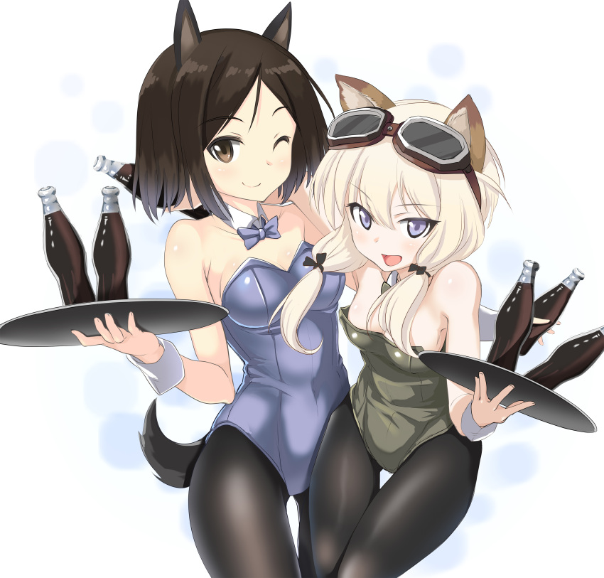 2girls ;) a9b_(louis814) absurdres animal_ears bangs black_hair black_legwear blonde_hair blue_bow blue_leotard bottle bow breasts brown_eyes carla_j_luksic character_request choker cleavage collarbone cowboy_shot glasses_on_head green_leotard grey_eyes highres holding holding_bottle kuroda_kunika leotard long_hair looking_at_viewer medium_breasts multiple_girls one_eye_closed pantyhose parted_bangs playboy_bunny_leotard short_hair simple_background small_breasts smile strapless strapless_leotard strike_witches tail white_background world_witches_series wrist_cuffs