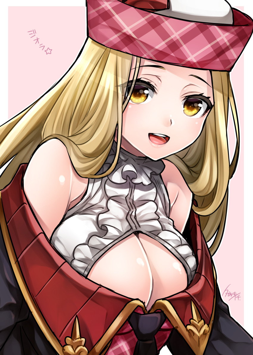 1girl :d absurdres artist_name bare_shoulders black_necktie blonde_hair breasts character_request cleavage diola_(granblue_fantasy) eyebrows_visible_through_hair eyelashes eyes_visible_through_hair frilled_shirt frilled_shirt_collar frills gold_trim granblue_fantasy hair_over_shoulder hat highres large_breasts leaning_forward lips long_hair long_sleeves looking_at_viewer necktie open_mouth outside_border pink_background plaid plaid_hat raised_eyebrows shirt smile solo takatsuki_ichi teeth text white_border white_shirt wing_collar yellow_eyes