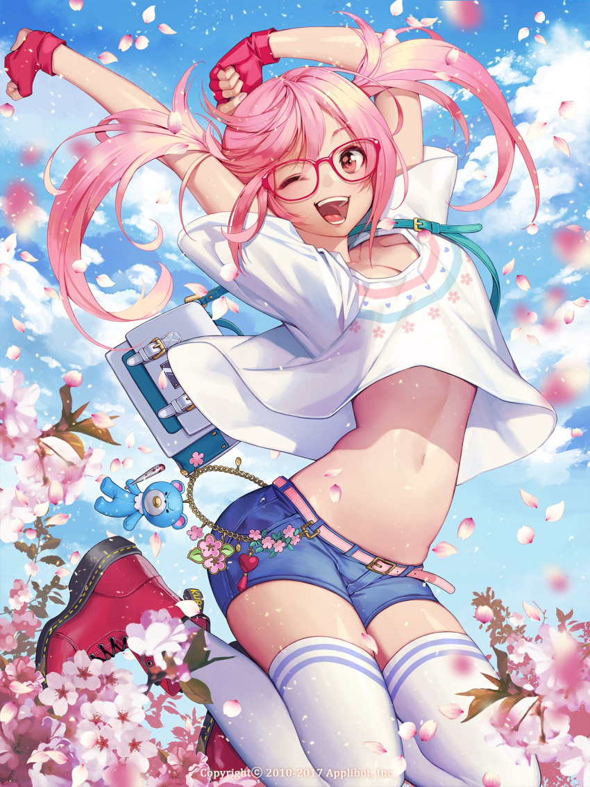 1girl ;d ankle_boots arms_up bag belt belt_buckle blue_shorts blue_sky boots breasts buckle cherry_blossoms cleavage clouds cloudy_sky collarbone crop_top cross-laced_footwear day eyebrows_visible_through_hair fingerless_gloves fingernails furyou_michi_~gang_road~ glasses gloves highres jumping lace-up_boots long_hair medium_breasts midair midriff nail_polish navel one_eye_closed open_mouth outdoors pink_belt pink_eyes pink_hair pink_nails red-framed_eyewear red_gloves shirt short_hair short_shorts short_sleeves shorts shoulder_bag sky smile solo soo_kyung_oh teeth thigh-highs tongue twintails white_legwear white_shirt