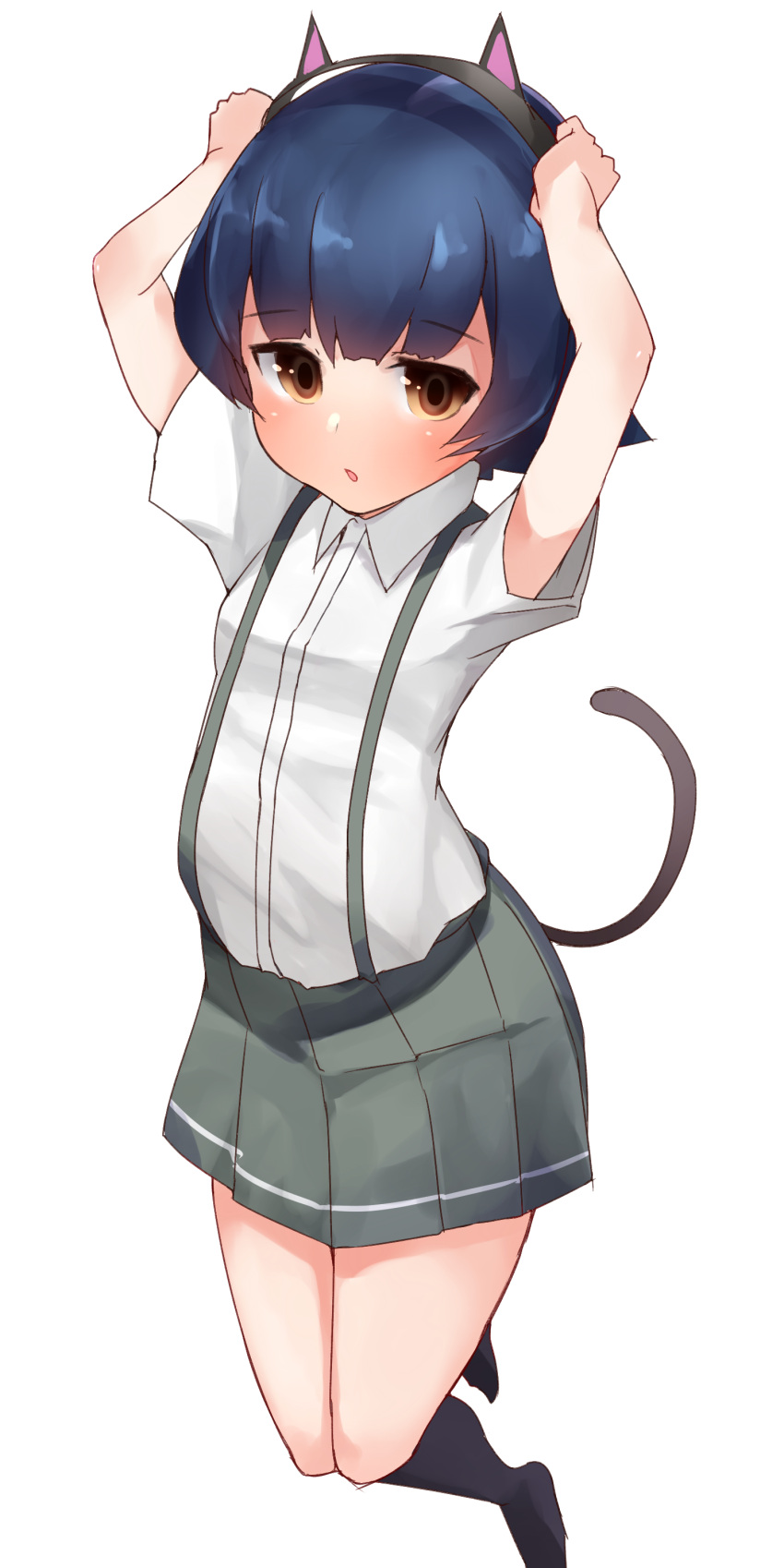 1girl absurdres adjusting_headwear animal_ears arare_(kantai_collection) arched_back black_hair blouse boruhis brown_eyes cat_ears cat_tail chestnut_mouth fake_animal_ears full_body hairband highres kantai_collection looking_at_viewer miniskirt school_uniform short_hair short_sleeves skirt suspenders tail white_blouse