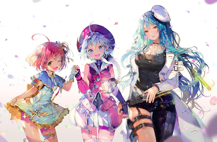 3girls :d ahoge armband asymmetrical_clothes bangs belt beltskirt beret blue_dress blue_eyes blue_hair blue_ribbon blush book braid breasts bullet buttons capelet cat cherry choker cleavage clock commentary_request cowboy_shot crystal dahl-lange delphine_(qurare) dress elbow_gloves eyebrows_visible_through_hair fingerless_gloves fingernails floral_background flower food frilled_skirt frills fruit gears gem gloves gold green_eyes gun hair_ornament hair_scrunchie handgun hat head_tilt holding holding_book holding_skirt holster jacket jewelry key large_breasts leaf legs_apart light_bulb long_hair looking_at_viewer macaron magazine_(weapon) medium_breasts multicolored_hair multiple_girls neck_ribbon necklace official_art open_book open_mouth parted_lips pearl_necklace petals pink_hair plant plate pleated_skirt pocket_watch qurare_magic_library rain ribbed_gloves ribbon sailor_collar scrunchie short_dress short_hair short_sleeves side_braid sidelocks simple_background single_braid single_elbow_glove single_fingerless_glove skirt small_breasts smile sparkle spoon stuffed_animal stuffed_bunny stuffed_toy sunflower symbol-shaped_pupils tank_top teapot thigh_holster thigh_strap tiered_tray two_side_up umbrella very_long_hair watch weapon weapon_request white_background white_flower white_skirt yellow_eyes zipper