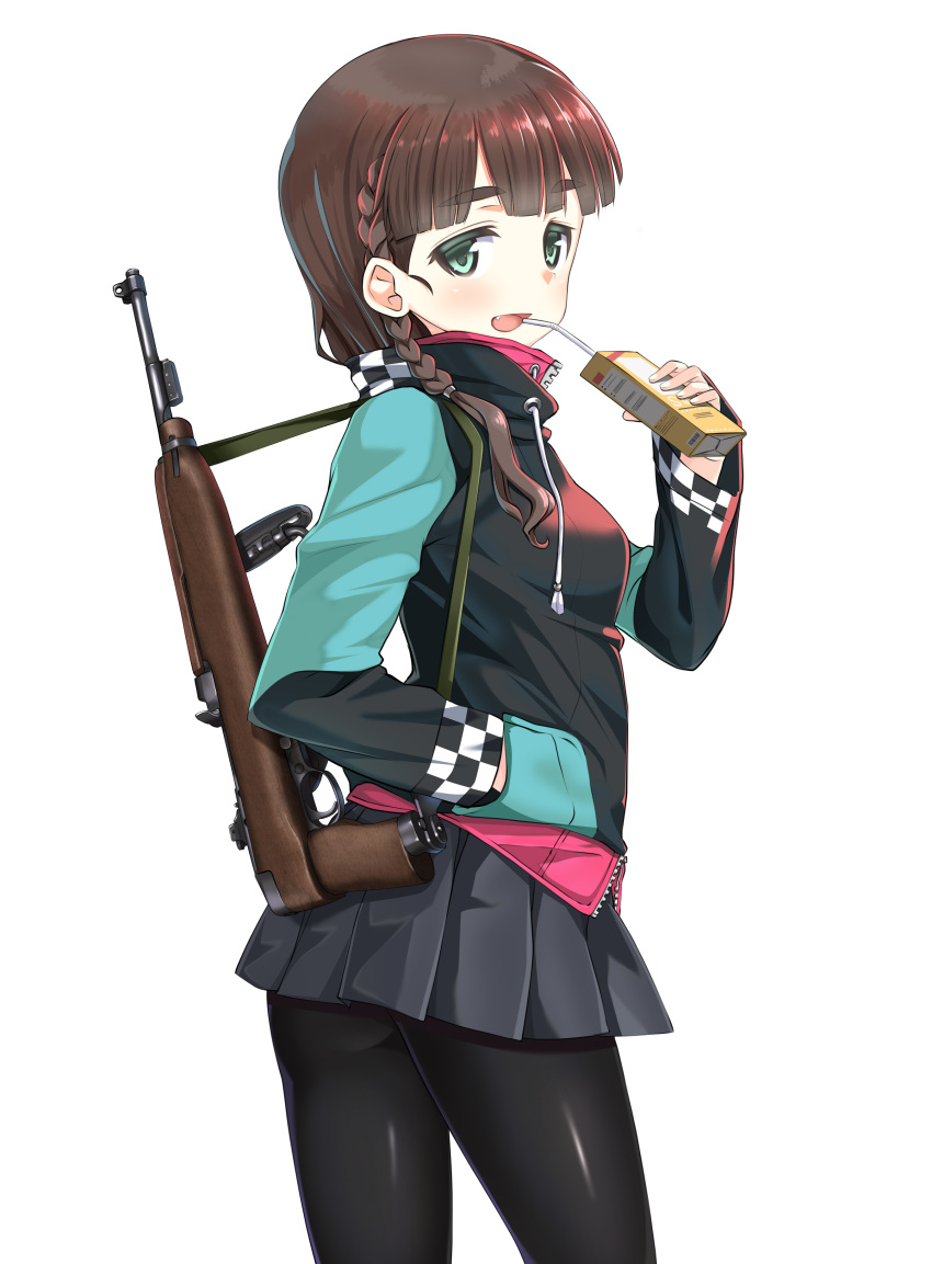 1girl a9b_(louis814) absurdres bangs black_hair black_legwear black_skirt blunt_bangs braid drinking_straw fang green_eyes gun hand_in_pocket highres holding looking_at_viewer looking_back m1_carbine miniskirt open_mouth original pantyhose pleated_skirt rifle shiny shiny_skin short_hair skirt solo sweater thick_eyebrows weapon