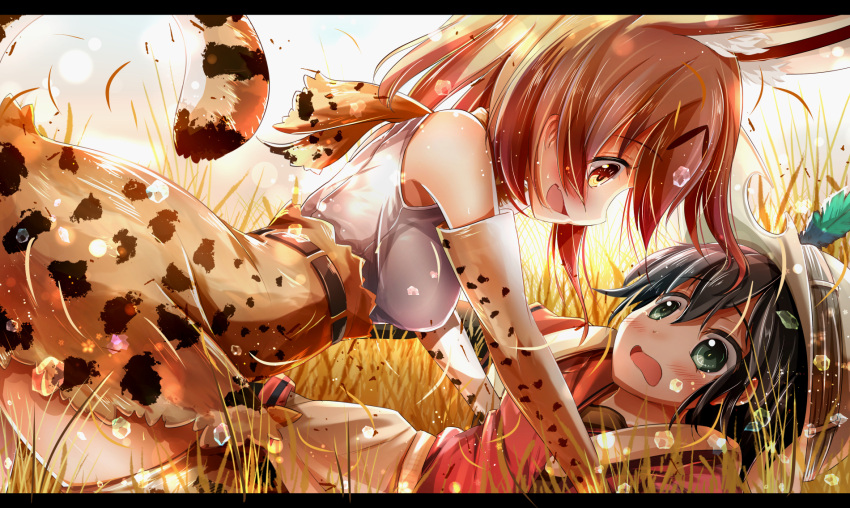 2girls all_fours animal_ears animal_print backpack bag bare_shoulders black_eyes black_hair blonde_hair breasts elbow_gloves gloves hagurumadaze hat hat_feather highres kaban_(kemono_friends) kemono_friends letterboxed looking_at_another lying medium_breasts multiple_girls on_back outdoors red_shirt serval_(kemono_friends) serval_ears serval_print serval_tail shirt short_hair shorts skirt sleeveless sleeveless_shirt t-shirt tail thigh-highs white_shirt white_shorts yellow_eyes