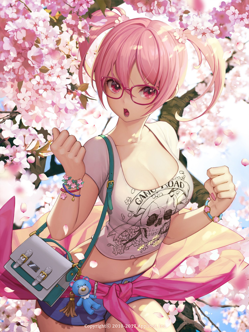 1girl bag bangs blue_shorts bracelet breasts charm_(object) cherry_blossoms cleavage clenched_hands clothes_around_waist collarbone cowboy_shot day fingernails flower furyou_michi_~gang_road~ glasses hair_between_eyes hair_flower hair_ornament hands_up highres jacket jacket_around_waist jewelry large_breasts looking_at_viewer midriff nail_polish navel outdoors petals pink-framed_eyewear pink_hair pink_jacket pink_lips pink_nails shirt short_shorts short_sleeves shorts shoulder_bag solo soo_kyung_oh teeth tongue two_side_up white_shirt