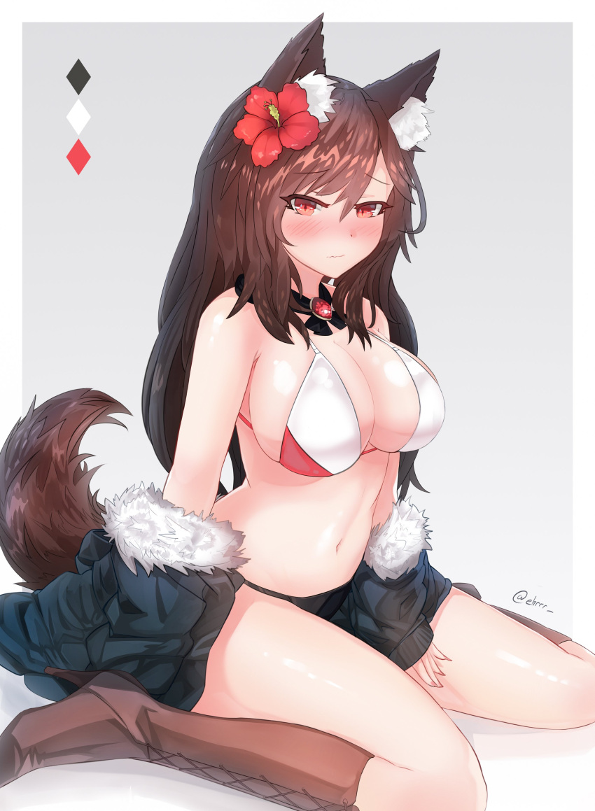 1girl absurdres adapted_costume animal_ears bikini blush boots breasts brooch brown_boots brown_hair clothes_around_waist ehrrr flower hair_flower hair_ornament high_heel_boots high_heels highres imaizumi_kagerou jacket jacket_around_waist jacket_removed jewelry knee_boots large_breasts long_hair looking_at_viewer navel red_eyes sitting solo swimsuit tail touhou very_long_hair wariza wavy_mouth wolf_ears wolf_tail