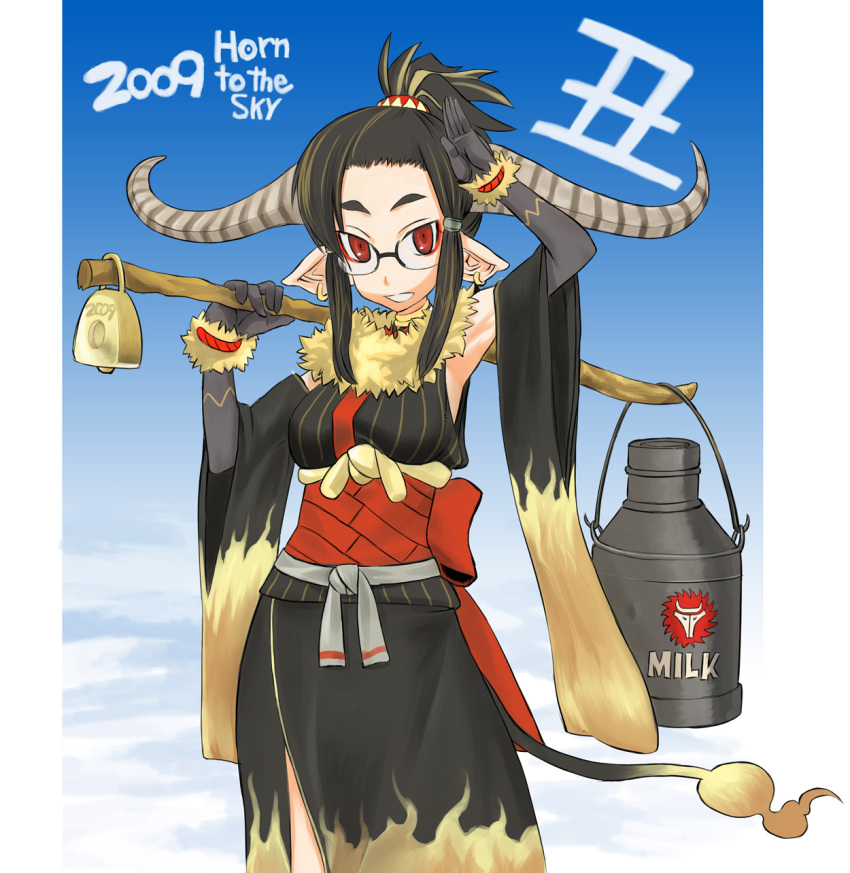 arm_up bell black_hair cow_bell cow_girl earrings elbow_gloves glasses gloves highres horns japanese_clothes jewelry milk nabeyu new_year original over_shoulder pointy_ears red_eyes solo tail