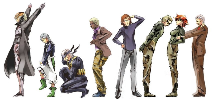 apron blonde_hair brown_hair cyborg dancing drebin drebin_893 glasses grey_hair hal_emmerich headband highres ikuyoan johnny_sasaki meryl_silverburgh metal_gear metal_gear_solid metal_gear_solid_4 old_snake parody pythagoras_switch raiden red_hair redhead roy_campbell short_hair solid_snake sunny_gurlukovich trench_coat trenchcoat white_hair