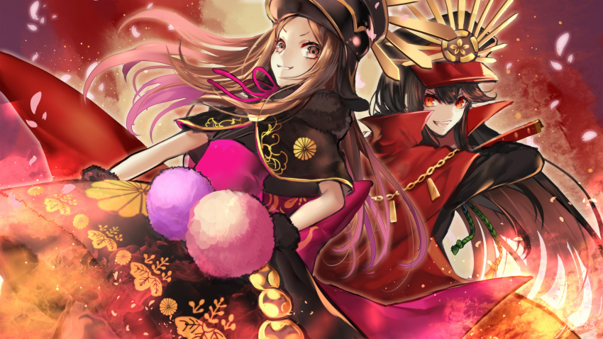 &gt;:d 2girls :d aunt_and_niece black_hair brown_eyes brown_hair cape capelet chacha_(fate/grand_order) chains demon_archer fate/grand_order fate_(series) fire floral_print fur_trim gold_chain grin hand_on_hip hat hat_ornament highres holding holding_sword holding_weapon katana long_hair looking_at_viewer military military_uniform multiple_girls open_mouth petals red_cape red_eyes smile standing sword uniform weapon yui_(kawalcjil4)