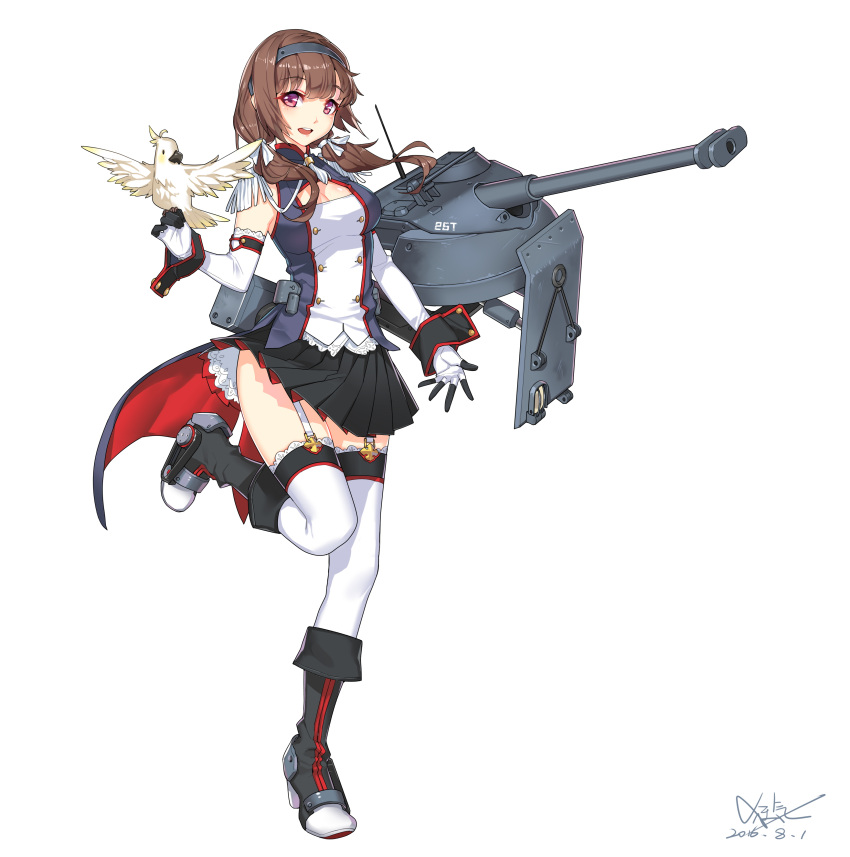 1girl absurdres bat.-chatillon_25_t_(panzer_waltz) bird black_skirt boots breasts brown_hair cleavage dated elbow_gloves epaulettes garter_straps gloves highres kyouki_no_kimi long_hair looking_at_viewer low_twintails military miniskirt official_art open_mouth panzer_waltz parrot pleated_skirt signature skirt skirt_lift smile standing thigh-highs twintails violet_eyes white_background white_legwear wrist_cuffs