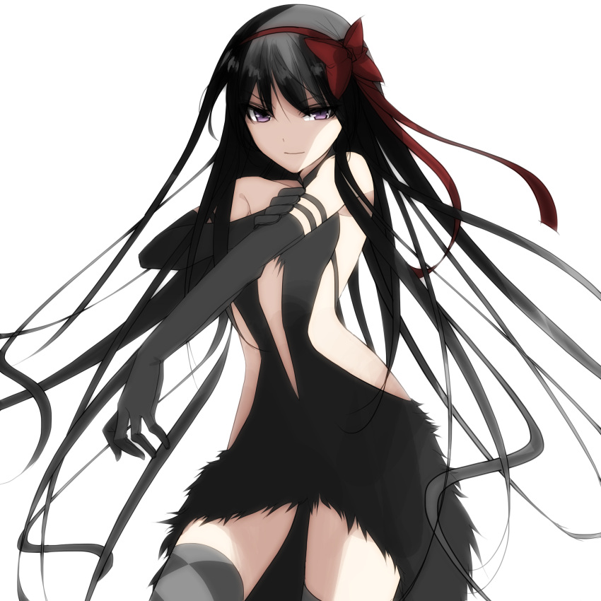 10s 1girl absurdres akemi_homura akuma_homura bare_shoulders black_hair breasts choker cleavage cowboy_shot highres looking_at_viewer mahou_shoujo_madoka_magica mahou_shoujo_madoka_magica_movie medium_breasts misteor navel red_ribbon ribbon side_slit thigh-highs thighs violet_eyes white_background