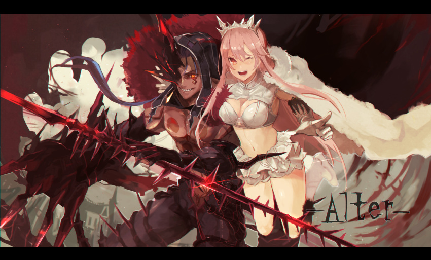1boy 1girl bangs blue_hair blunt_bangs breasts brown_eyes cleavage cu_chulainn_alter_(fate/grand_order) earrings fate/grand_order fate_(series) gae_bolg gloves highres holding holding_weapon hood jewelry large_breasts long_hair looking_at_viewer medb_(fate/grand_order) mono_(jdaj) navel one_eye_closed open_mouth pink_hair red_eyes sidelocks skirt smile tattoo tiara weapon