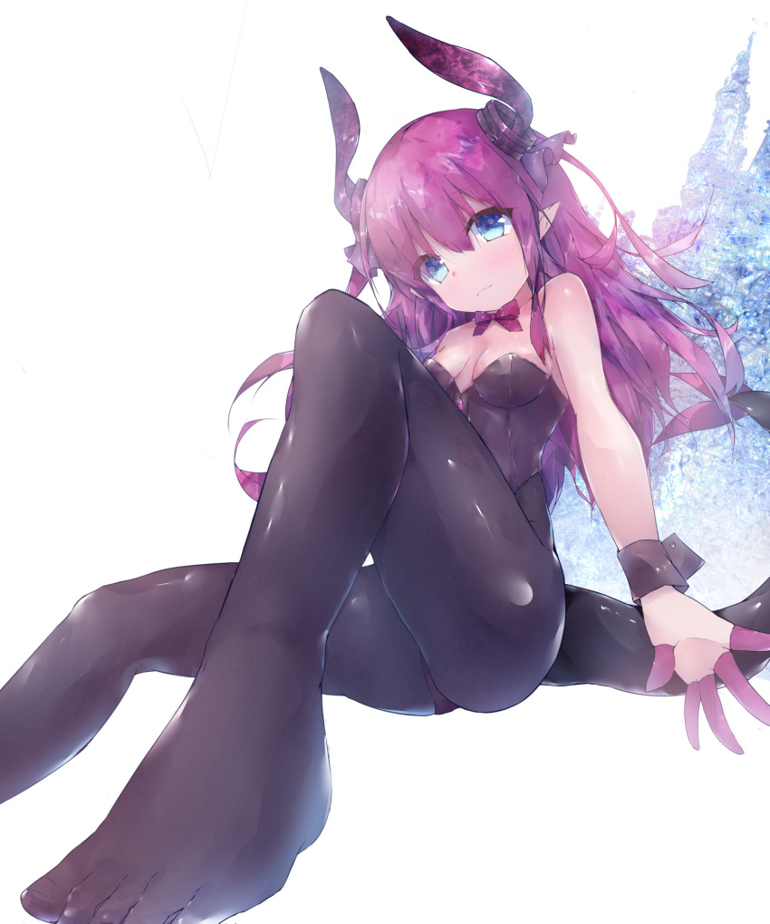 1girl :3 bangs black_legwear black_leotard blue_eyes blush breasts breasts_outside bunnysuit closed_mouth dragon_girl dragon_horns dragon_tail eyebrows_visible_through_hair fate_(series) feet grey_background highres horns icicle knee_up lancer_(fate/extra_ccc) legs leotard light_smile long_hair looking_at_viewer no_shoes pantyhose purple_hair simple_background sitting small_breasts soles solo tail thighs toes twiska_(doubitian) wrist_cuffs